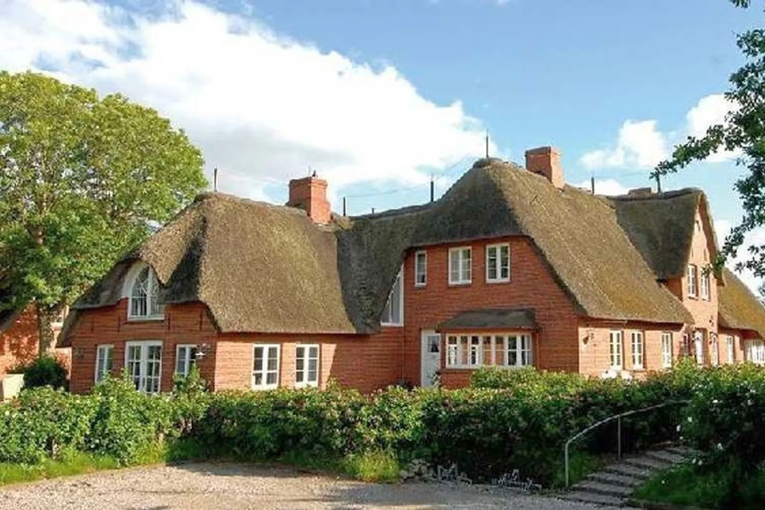 Gesamtansicht des Reetdachhauses Pastoratshof auf Föhr im Sommer